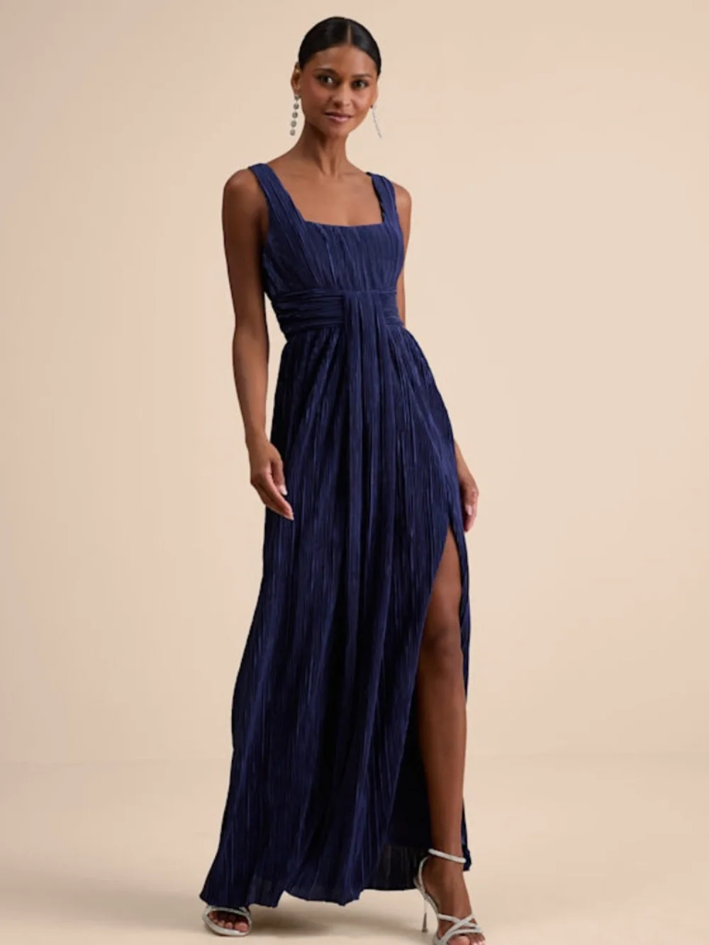 Lulus Ameena Navy Blue Plisse Square Neck Sash Maxi Dress - Size L